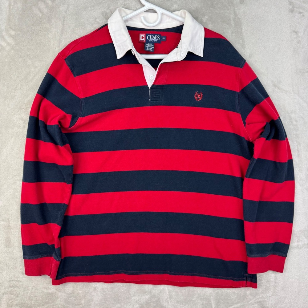 Vtg Chaps Rugby Shirt Mens L Red Black Striped Long Sleeve Polo Preppy Classic